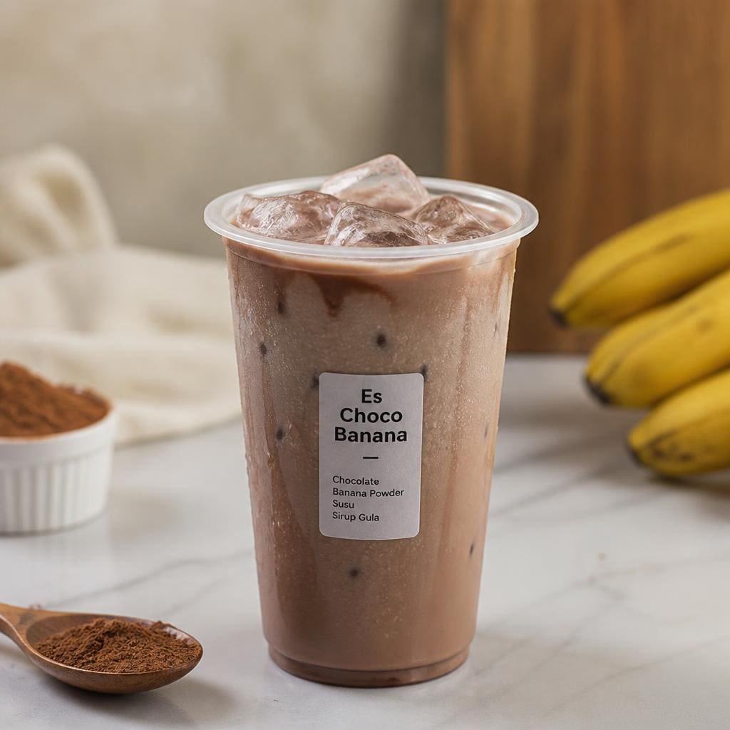 Es Choco Banana Kopi Ruang Hati dengan chocolate banana powder susu dan sirup gula